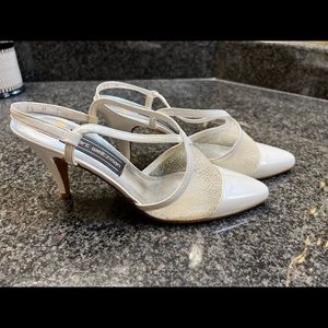 Stuart Weitzman White leather & silver mesh,  strap & 3 Inch heels. size 6 1/2 M